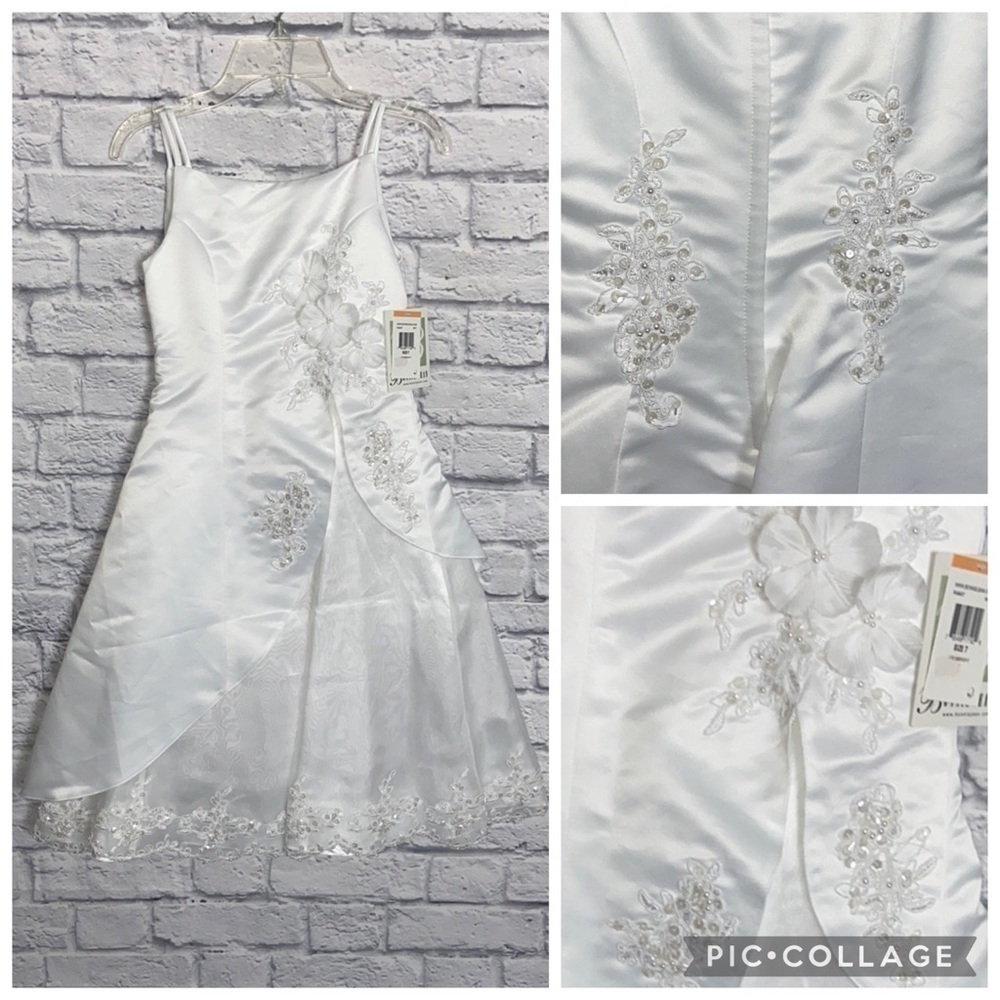 Bonnie Jean Girl's 7 White Asymmetrical Embroidered Lace Formal Dress